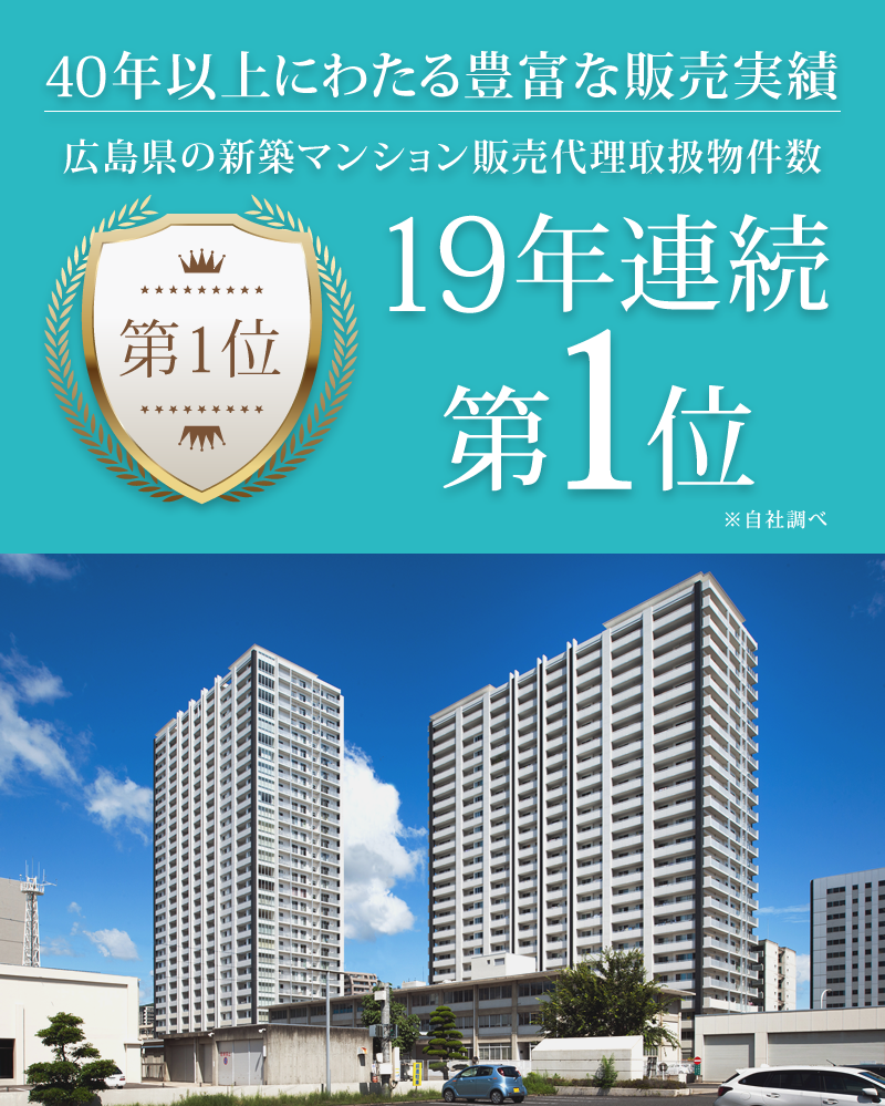 40年以上にわたる豊富な販売実績 広島県の新築マンション販売代理取扱物件数 19年連続第1位