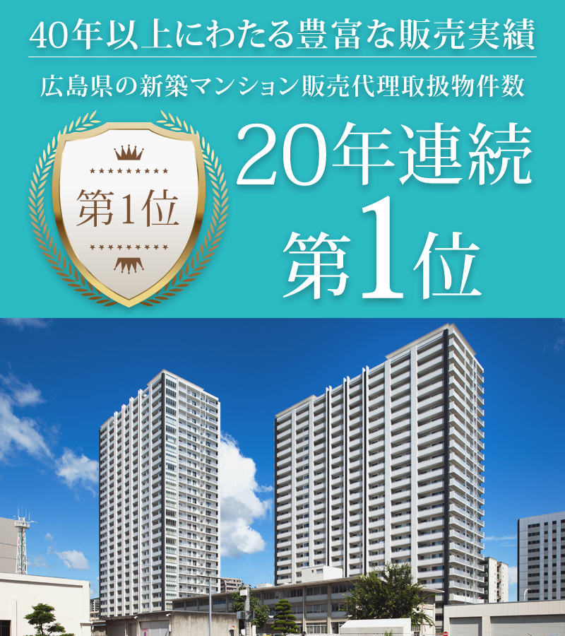 40年以上にわたる豊富な販売実績 広島県の新築マンション販売代理取扱物件数 19年連続第1位
